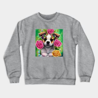 Cute Puppy In Roses Crewneck Sweatshirt